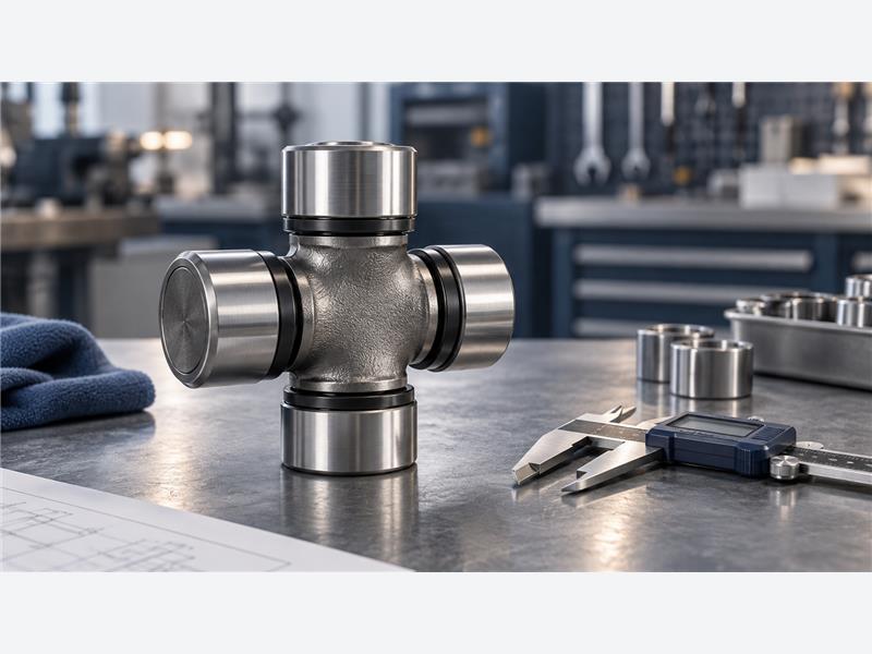 Concept illustration of a cross-type universal joint beside a caliper on an inspection bench.