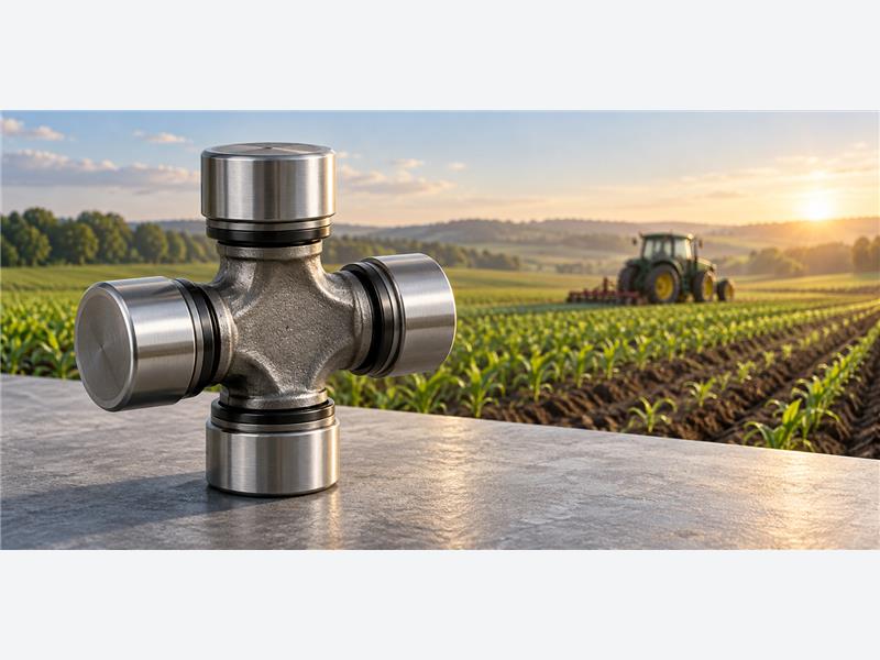 Concept illustration of a universal joint with a tractor and cultivated field in the background.