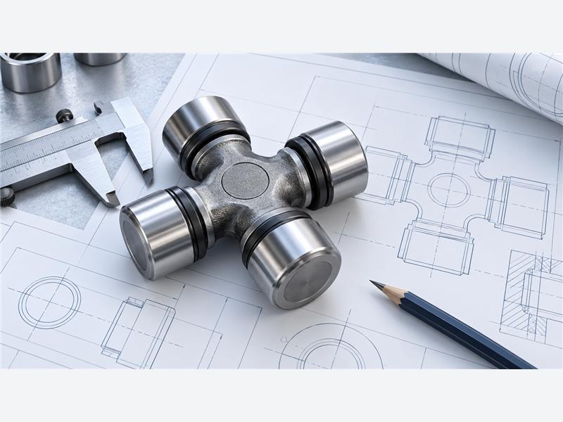 Concept illustration of a universal joint, caliper, and abstract engineering drawing on a desk.
